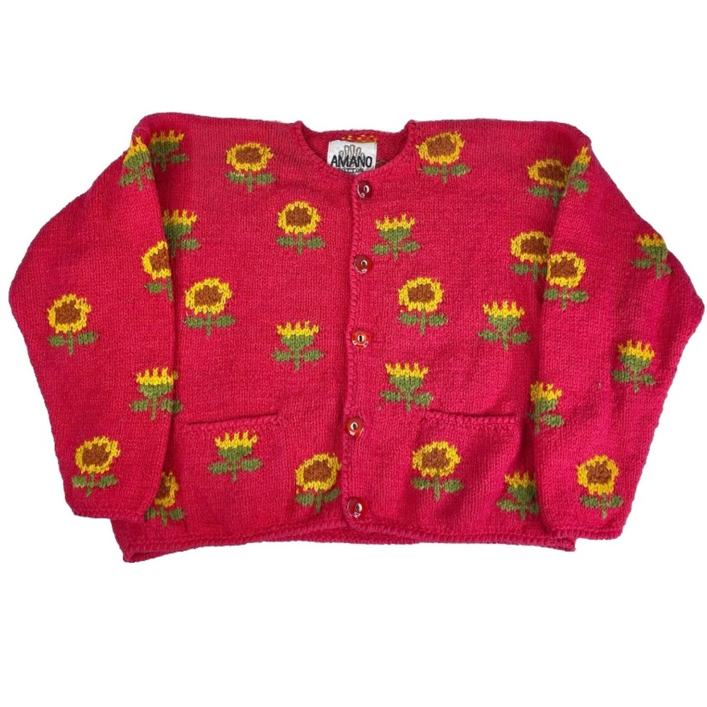 Vintage Amano Cotton Pink Sunflower Cardigan Hand Knit Sweater Women’s One Size